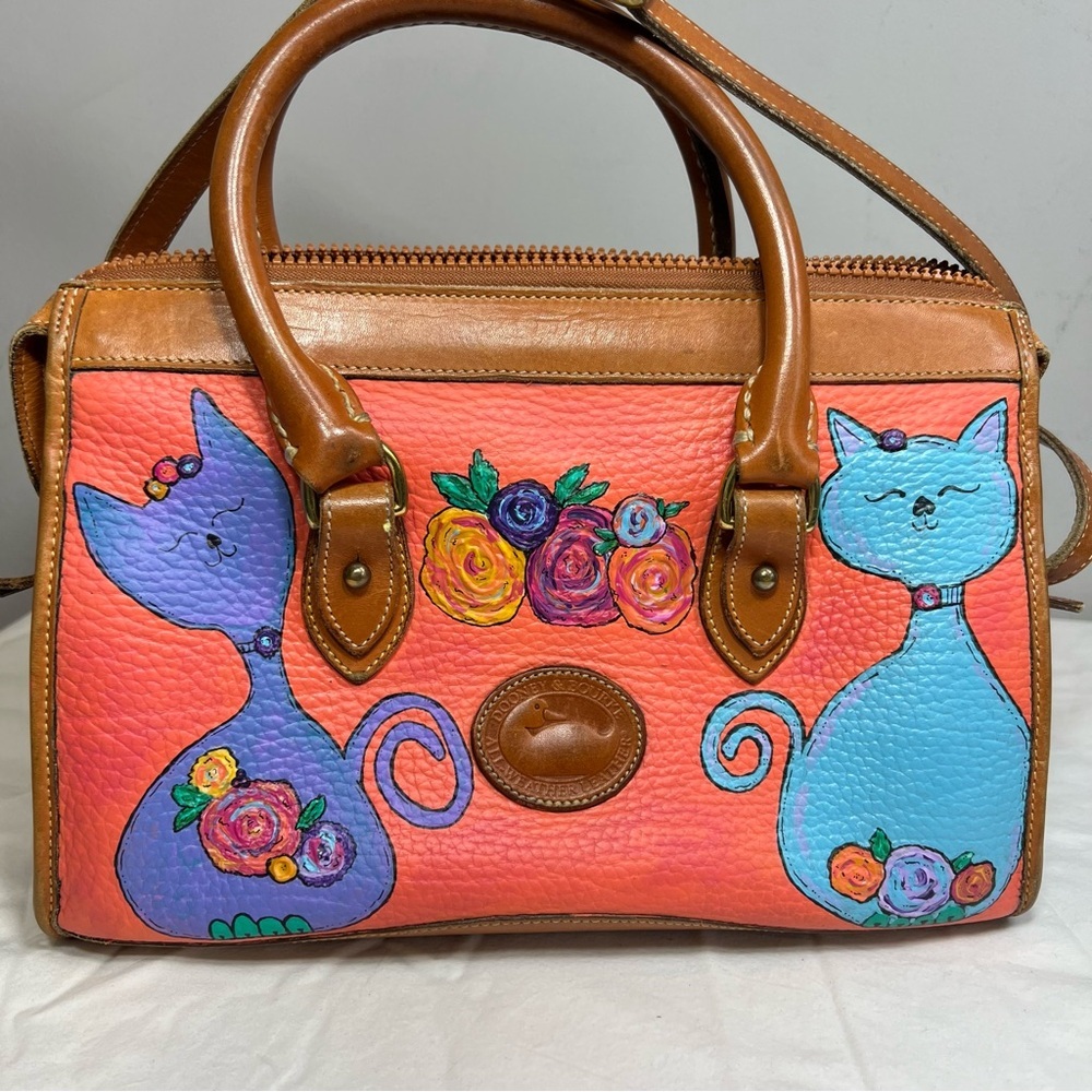 Vintage 90s Dooney & Burke double handle pebbled leather hand painted satchel - Picture 6 of 17